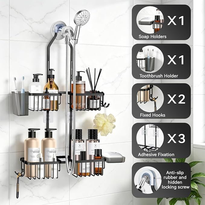 Adjustable Hanging Shower Caddy for Handheld Showerhead, Rustproof Aluminum Over Shower Head Organizer, Renter-Friendly No-Swing Storage for Tall Bottles & Soap, 2-Tier, Black