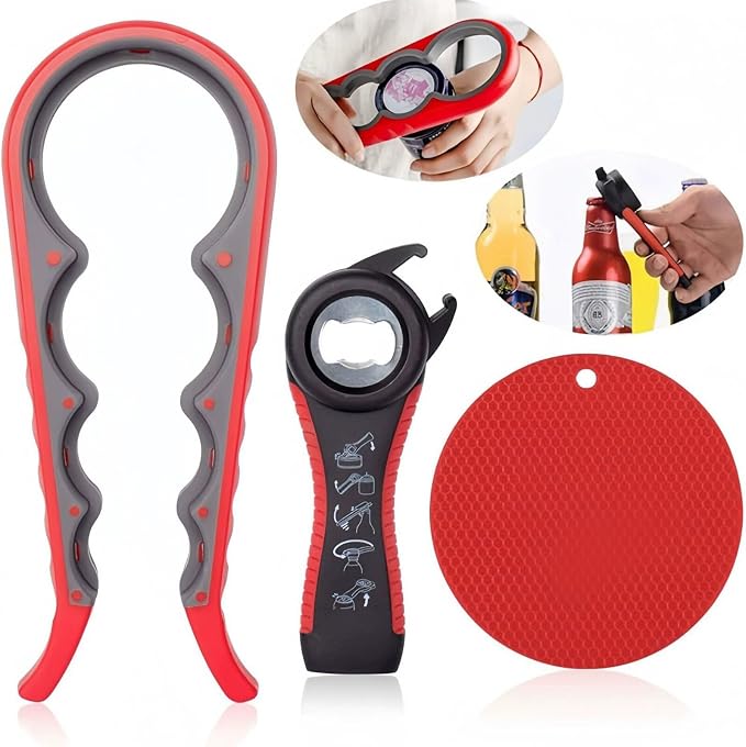 3-Piece Jar & Bottle Opener Set for Seniors, Non-Slip Silicone Grip Mat, Ergonomic Kitchen Gadget (gray)