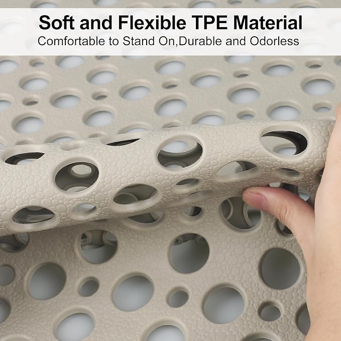 Anti Slip Shower Mat with Suction Cups,27x27 Inch Quick Drain TPE Non Slip Shower Mats for Inside Shower,Large Bath Mat for Shower Soft on Feet, Easy to Dry&Cut Machine Washable