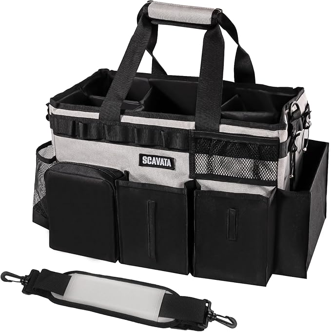 SCAVATA Wearable Cleaning Caddy Bag, Cleaning Caddy Supplies Organizer with Handle & Shoulder Straps for Housekeepers, Under Sink & Car Cleaning Tool Organizers with 4 Foldable Divider (Grey)