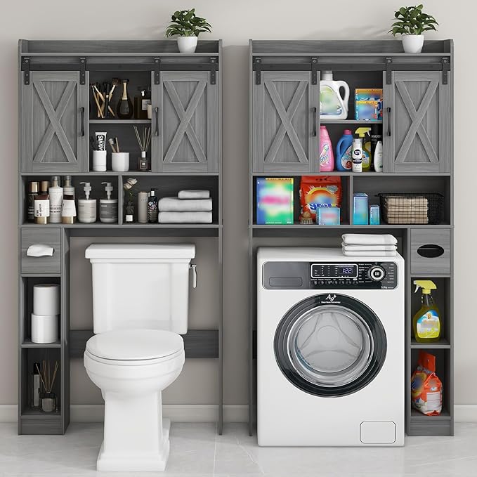 Farmhouse Over The Toilet Storage Cabinet with Sliding Door & Toilet Paper Holder Stand, Space-Saving for Bathroom & Restroom, Wash Grey