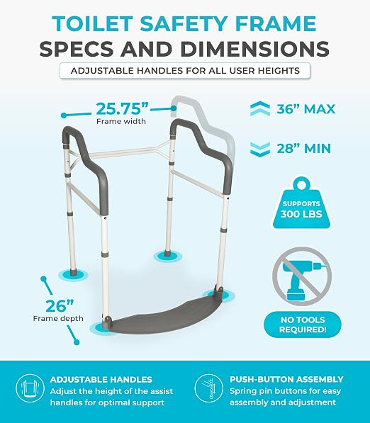 Stander Wonder Toilet Safety Rails for Seniors, Adjustable Detachable Toilet Frame with Padded Handles for Elderly Adults, Foldable Handicap Support Rail with Footrest, Fits Any Toilets