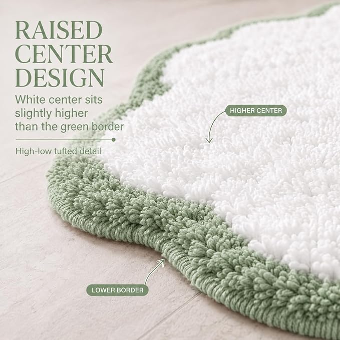 Scalloped Sage Green Bath Rug, Cute Bathroom Rug, Soft Absorbent Quick Dry Bath Mat, TPR Non Slip Backing, Microfiber Mat for Shower Tub Sink Vanity 20" x 31.5"