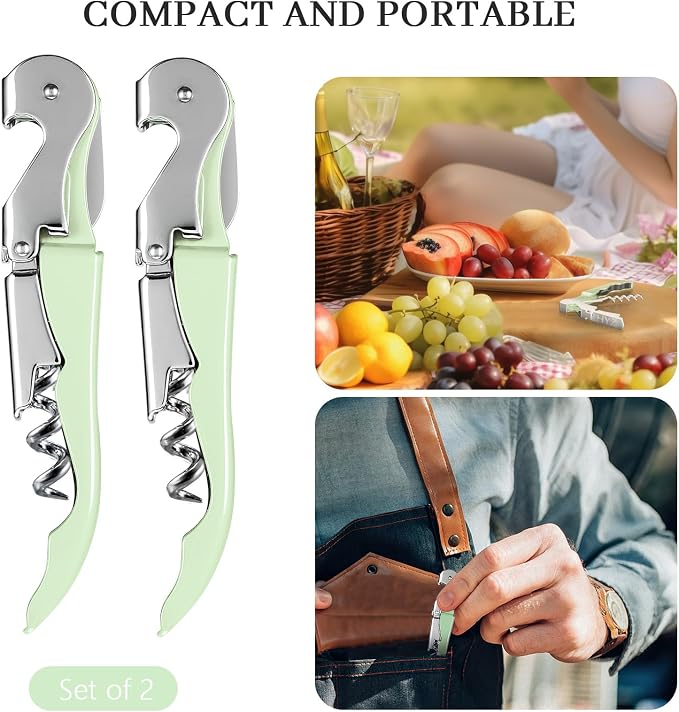 HYZ 2-Pack Wine Opener Waiter Corkscrew, Professional Wine Key for Servers, Bartender with Foil Cutter, Manual Wine Bottle Opener Double Hinged (Matcha Green)