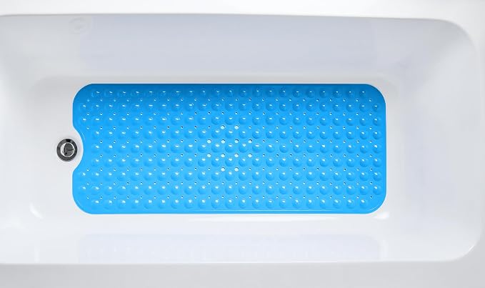 Extra-Long Non-Slip Bathtub & Shower Mat 39”x16” (Smooth/Non-Textured Tubs Only) Safe, Clean, Machine-Washable, Superior Grip&Drainage, Vinyl, Opaque Light Blue