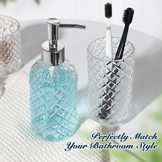 RYTOXILO Bathroom Accessories Set, 4 Pack Clear Glass Bath Accessory Sets Complete, Diamond Soap Dispenser and Toothbrush Holder Set for Bathroom Counter Organizer Essentials, Modern Bathroom Decor