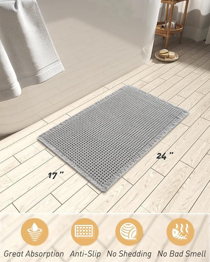 AMOAMI Upgraded Waffle Bath Mat, Super Absorbent Non Slip Bath Mats for Bathroom Floor, Machine Washable Bathroom Rugs with Tassels, Rubber Backed Bathroom Mats, Ultra Soft, 17" x 24", Grey