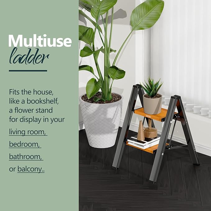 WOA WOA Step Ladder, Widening Pedals for Extra Balance, Lightweight Step Stool, Easy to Move Around, Foldable Ladder, Space Saving, Anti-Slip Stepladder 300 lbs Capacity (2 Step, Black & Wood Grain)