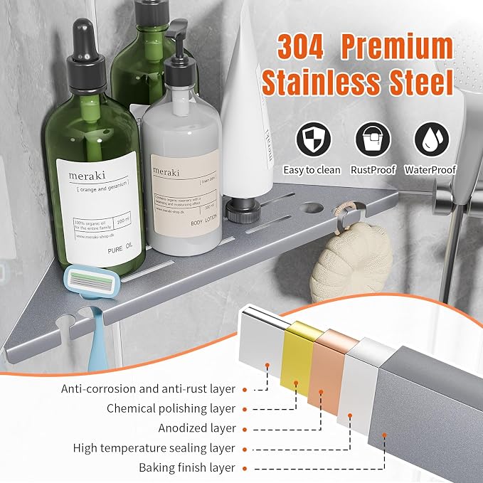 Shower Corner Shelf Organizer Rack with Hooks & Razor Hole, No Drilling Tile Shower Shelves, Rustproof Stainless Steel Bathroom Shelves Basket, Modern Corner Shelf for Bathroom, 2Pack-Silver