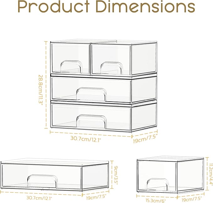 Criusia Stackable Storage Drawers, 4 Pack Clear Plastic Makeup & Bathroom Organizer, Versatile Storage Bins for Vanity, Under Sink, Kitchen Cabinets & Pantry
