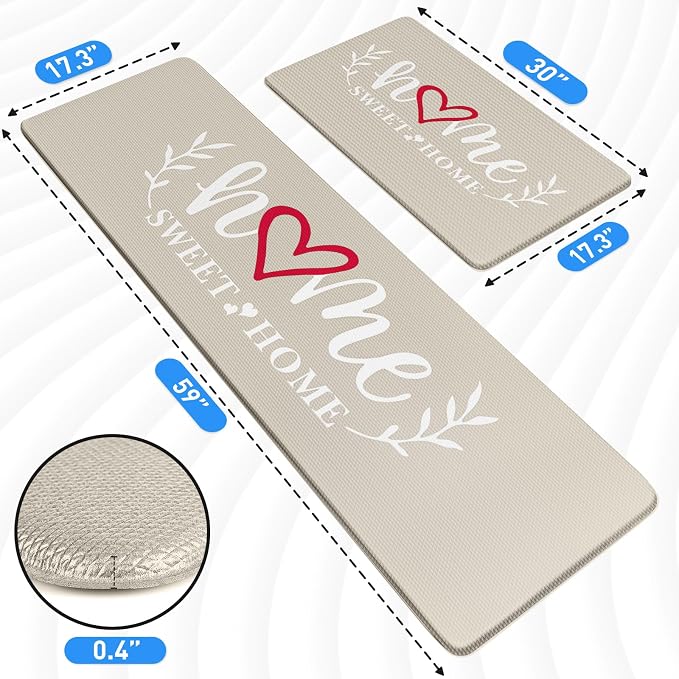HappyTrends Kitchen Mat for Floor, 2PCS Cushioned Anti-Fatigue Kitchen Rugs, Waterproof Non-Slip Standing Mats and Rugs Set for Kitchen, Office, Laundry, Khaki, 17.3"×30"+17.3"×59"