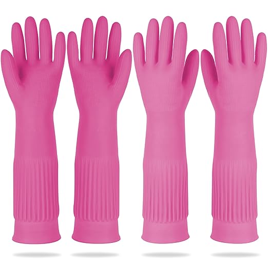 DABOGOSA Mamison 2 Pairs Reusable Waterproof Household Dishwashing Cleaning Rubber Gloves, Non-Slip Kitchen Glove (Pink, XXL (Pack of 2))