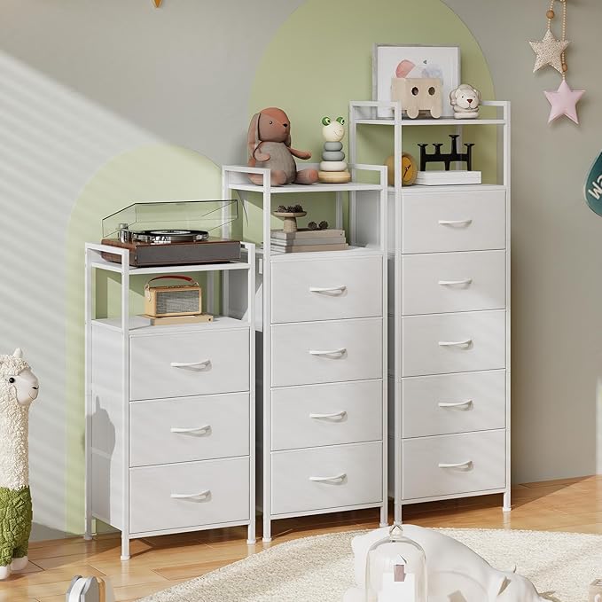 Somdot Tall Dresser for Bedroom, 5 Drawers Nightstand Vertical Storage Tower Unit, Night Stand Furniture with Fabric Drawer Organizer in Bedside Hallway, Entryway, Kids Room, Closet, White Leather
