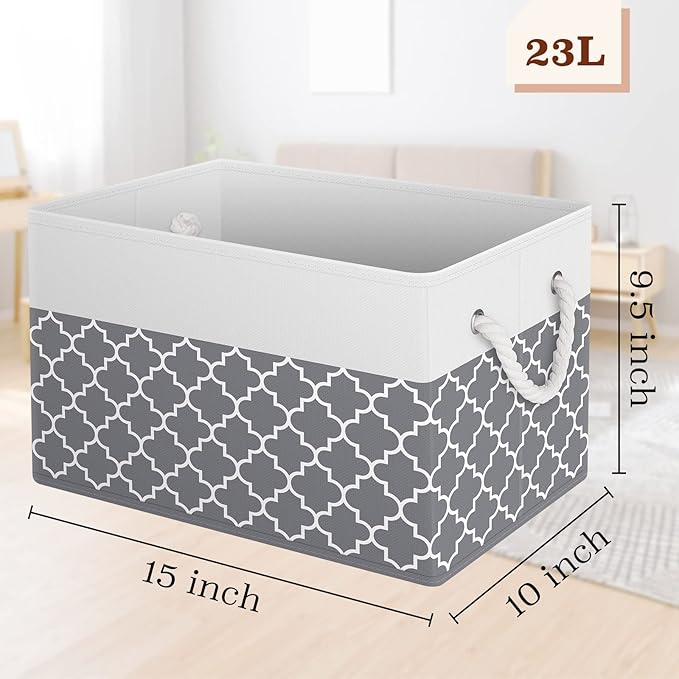 Fab totes Storage Bins 3-Pack, Foldable Storage Baskets for Organizing Toys, Books, Shelves, Closet, Large Storage Box with Rope Handles, Sturdy Organizer Bins,Clover Grey