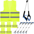 6-Pack Reflective Safety Vest & Grabber Tool Kit Yellow, 32-Inch Reacher Tool, Trash Picker for Litter, Ideal for Construction & Cleaning Teams