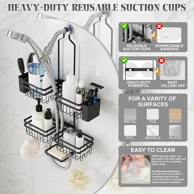 Shower Caddy Hanging for Bathroom Organizers and Storage - 3-Tier Adjustable Anti-Swing Shower Organizer Hanging with Heavy-Duty Suction Cups, Damage-Free Rustproof (Black)