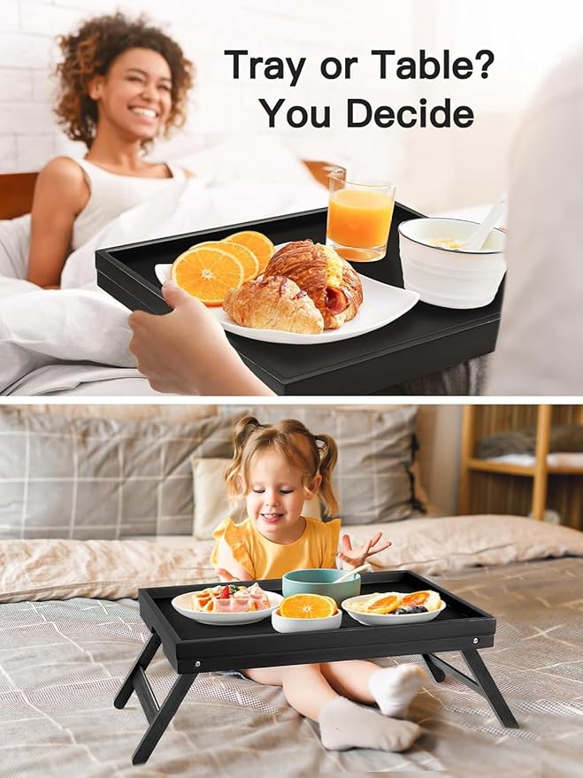 Bamboo Bed Tray Table with Foldable Legs, Breakfast Tray for Sofa, Bed, Eating, Working, Used As Laptop Desk Snack Tray by Pipishell (Black)