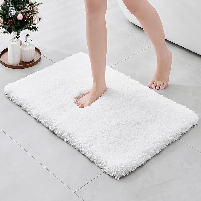 ILANGO White Bathroom Rugs 36" × 24" Non Slip & Super Absorbent Extra Thick Soft, Washable Bath Mat for Floor, Non Shedding Microfiber Plush Shaggy Bath Rug with Rubber for Bathtub Shower Room Sink