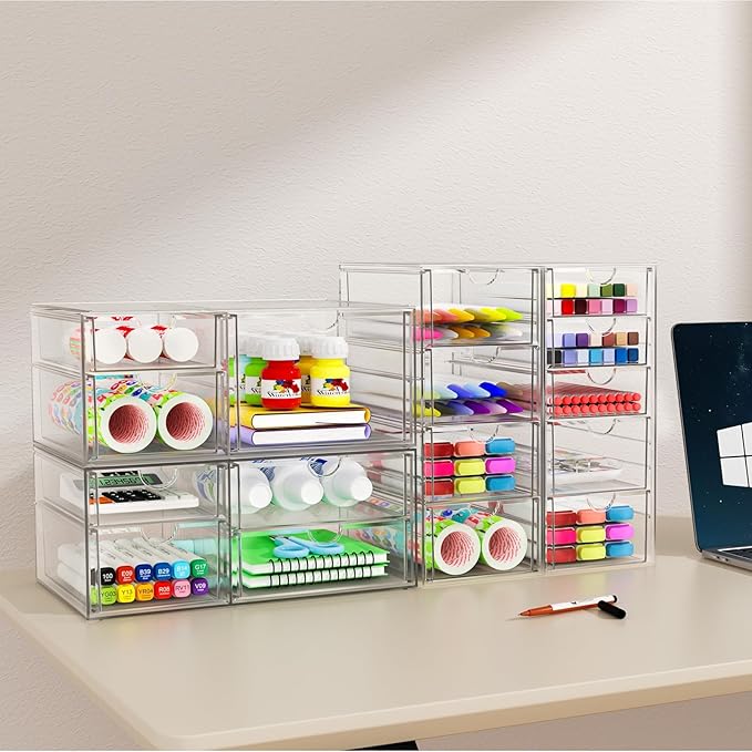 YFXCVSL Acrylic Makeup Organizer with 31 Drawers, 6 Pack Clear Storage Drawers, Bathroom Makeup Organizer for Palettes, Cosmetic, and Beauty Supplies,Ideal for Vanity, Cabinet,Desk Organization