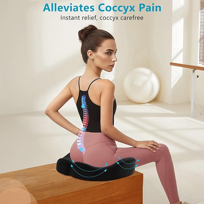 Seat Cushions for Office Chairs & Hip Pain Relief, Extra-Dense Coccyx Cushion with Sciatica Support, Ergonomic Design for Desk Chair, Car, Wheelchair, All-Day Comfort (Black)