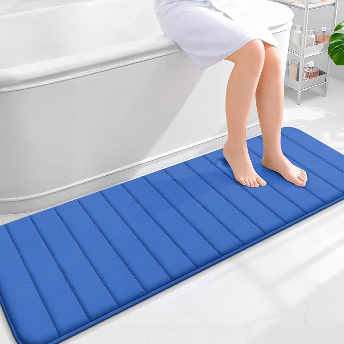 OLANLY Memory Foam Long Bathroom Rugs Runner 59x20, Super Soft Absorbent Bath Mat, Quick Dry, Machine Washable Shower Rugs, Bathmat Carpet, Bathroom Home Decor Accessories, Deep Navy Blue