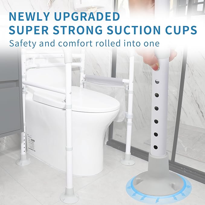 Toilet Safety Rails (300 LB) – Adjustable, Foldable Toilet Handle Frame for Elderly & Disabled Adults, Supports All Toilet Types with Storage Bag