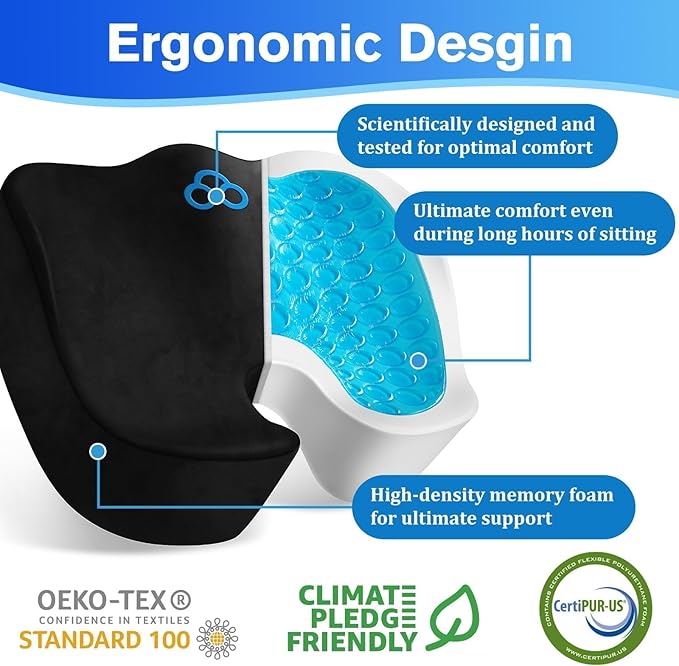 CushyOasis Seat Cushion, Gel Chair Cushions, Office Chair Cushions, Anti-Slip Bottom & Removable Cover Tailbone Pain Relief Cushion, Memory Foam Seat Cushion, 5.28 in Thick (Black)