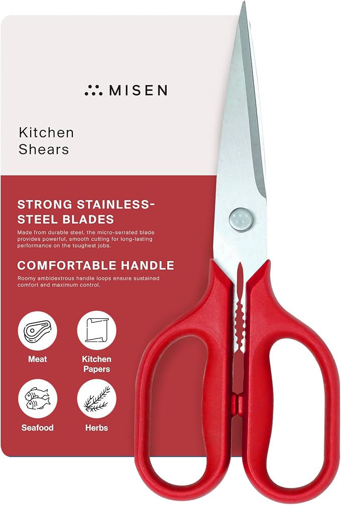 Misen Heavy Duty Kitchen Shears - Stainless Steel, Versatile and Easy Clean Scissors for Meat, Herbs and Veggies - Ambidextrous Comfort Handle - Professional Grade - Red