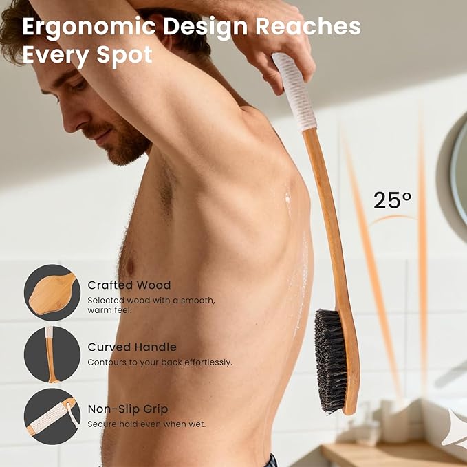 Back Scrubber for Shower，17in Bamboo with Curved Long Handle - Stiff Natural Boar Bristles for Men and Women, Deep Cleansing and Exfoliating, Anti-Slip Grip for Wet or Dry Brushing (Black)