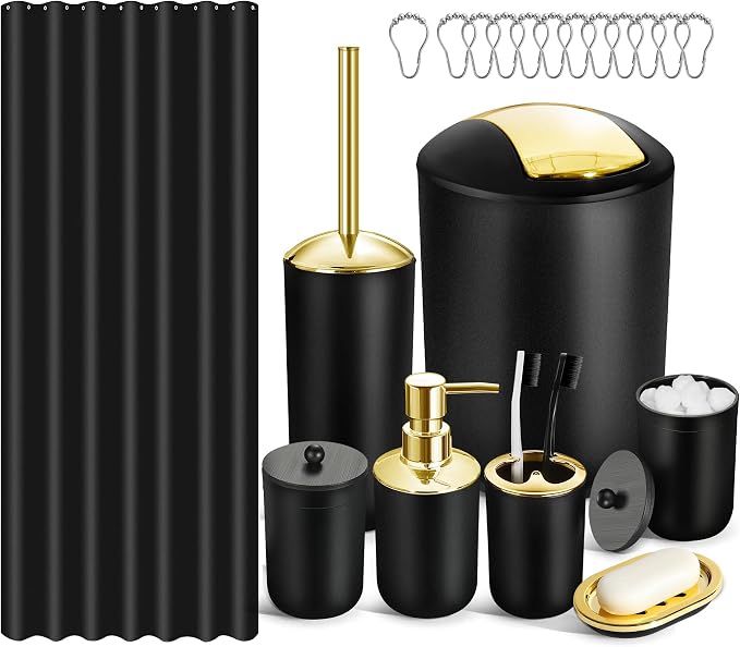 Bathroom Set, 20Pcs Bathroom Shower Curtain Sets with Hooks, Black Bathroom Accessories Set with Trash Can, Bathroom Accessories Sets Complete with Shower Curtain Set, Bathroom Accessory Set