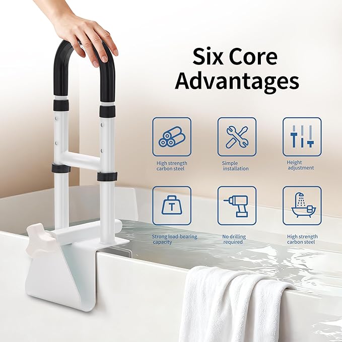 Adjustable Bathtub Handle and Grab Bar, Bathtub Safety Rail with Non-Slip Grip for Seniors, Elderly, Fits 3.1 to 6.7 Inch Tub Walls, Supports 300 lbs