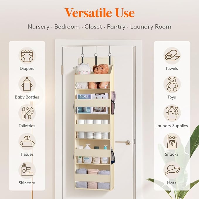 Lifewit 1 Pack Over the Door Organizer, Clear Window Hanging Storage with 4 Side Pockets, Anti Tilt 40 lbs Load Behind Door for Pantry, Nursery, Bathroom, Bedroom, Dorm, 5 Section, Beige