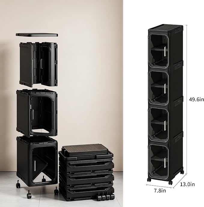LXLXXL 4-Tier Narrow Storage Cabinet Slim Bathroom Storage Cabinet with Movable Wheels Tall Bathroom Organizer Skinny Cabinet for Small Spaces，Black