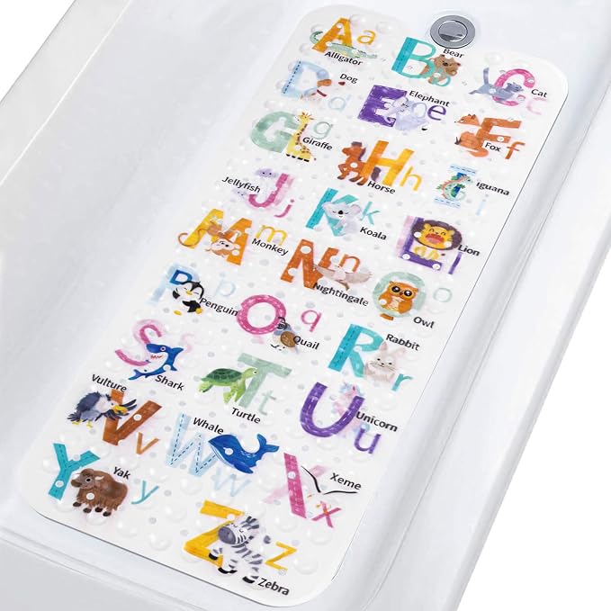 Topotdor Baby Bath Mat for Tub for Kids, 40 X 16 Inch Extra Long Toddler Bathtub Mat Non Slip, Machine Washable Bathroom Shower Floor Mat with Suction Cups & Drain Holes, Alphabet Animal