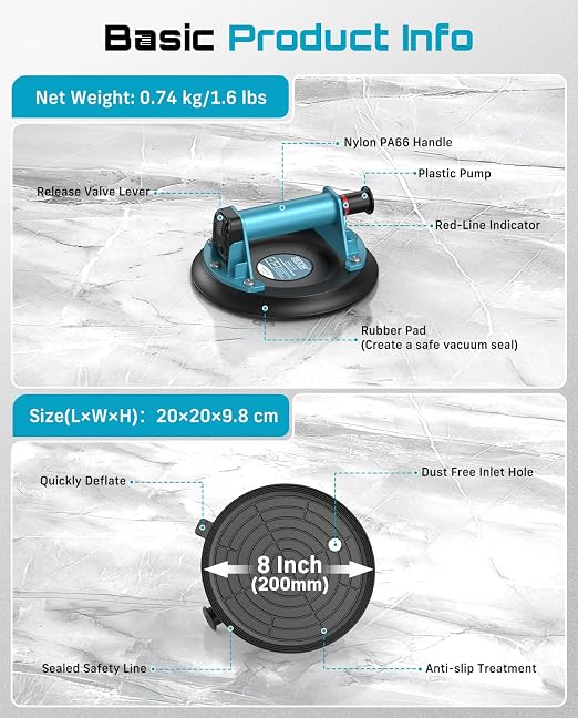 SEESII Suction Cups for Glass Lifting: 8" Tile Suction Cup Lifter with Handle and Pump, 200KG Load Capacity Heavy Duty Vacuum Lifter for Lifting Large Tile, Granite, Metal, Windows (2-Pack)