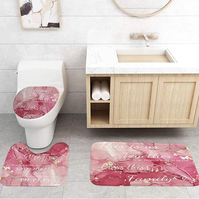 4Pcs Family Marble Shower Curtain Set,Light Pink Home Inspirational Bathroom Sets with Shower Curtain and Rugs, Bathroom Decor Set,Waterproof Bathroom Curtains Shower Set,with 12 Pcs Hooks