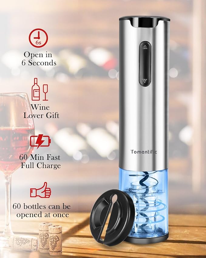 Electric Wine Opener Tomentific, Rechargeable Automatic Wine Corkscrew Bottle Opener With Foil Cutter, Type-C Charging Wine Openers With LED Light For Home Party Wedding Gifts (Stainless Steel)