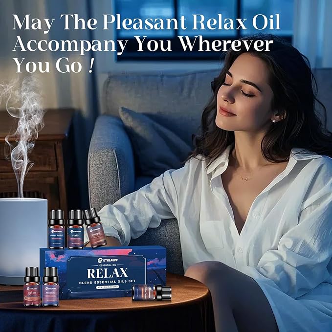 Relax Eessential Oils Set, Diffuser Oil for Home, Humidifiers, Candle Making, Aromatherapy - Stress Relief, Calm Down, Tranquil, Meditate, Unwind, Purify, 6x10ml