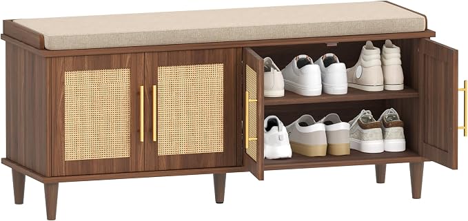 Akxomel Rattan Shoe Storage Bench with Cushion, 2-Tier Entryway Bench with Adjustable Shelves and 4 Doors, 15" D x 47.2" W x 20" H, Solid Wood Legs, for Hallway, Living Room, Bedroom, Walnut