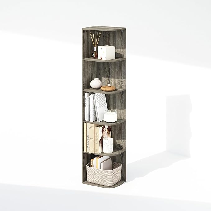 Furinno Reed Corner Shelf, 5-Tier Corner Bookshelf, Book Shelf, Corner Shelves, Storage Rack, for Organization and Storage, Home Office, Living Room, French Oak