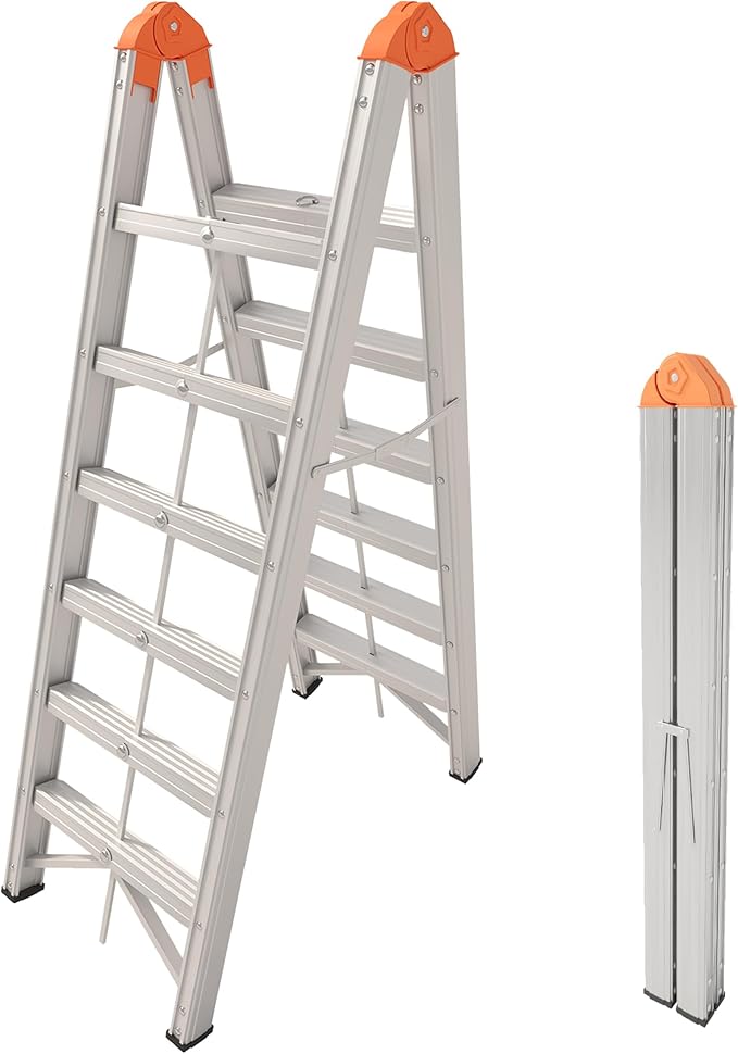 APARECIUM Aluminum Ladder, Foldable Twin Front A Frame 6-Step Ladder with Wide Anti-Slip Pedal, Compact Portable Lightweight Step Stool, EN131, 330lb Capacity