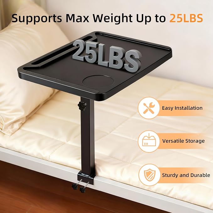 Adjustable Bedside Shelf for Bed, College Dorm Room Essentials, Bamboo Bed Side Tray Table with Sturdy Metal Pole, Clip On Nightstand Organizer for College, Apartment, Bunk Beds