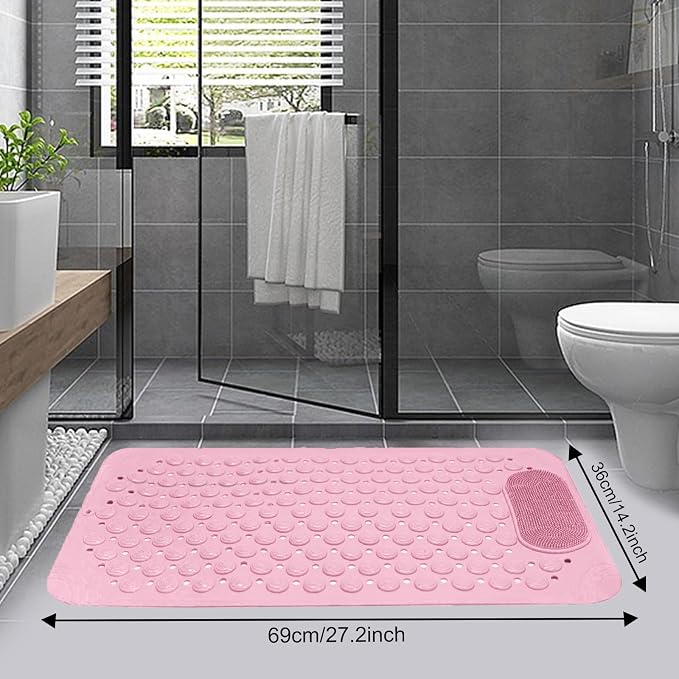 Bath Tub Shower Mat, 27x14 inch Non Slip Bathtub Mat with Suction Cups, Anti Slip Shower Mat with Drain Holes Suction Cups,Shower Foot Scrubber Mat Foot Massage BathMat (Pink)