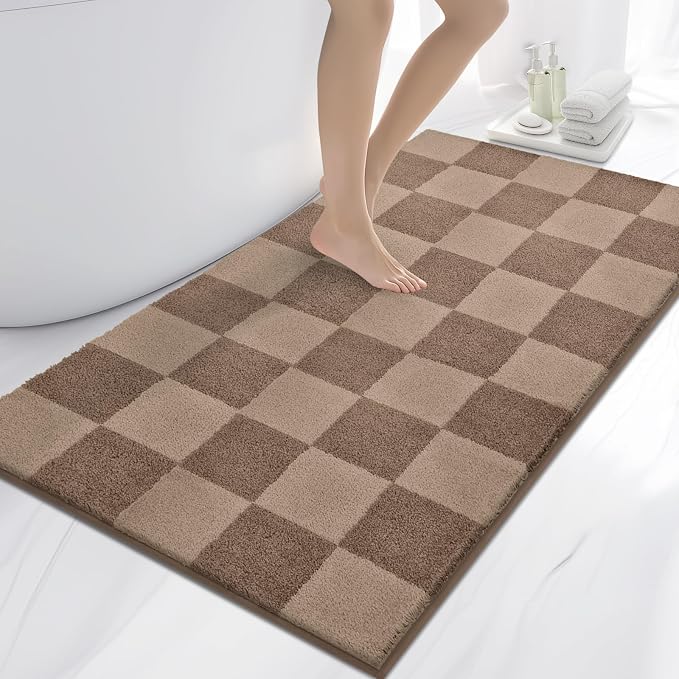 anllugs Bathroom Rugs 30" x 60", Non-Slip Extra Soft Absorbent Bath Rugs, Machine Washable Quick Dry Bath Mats for Bathroom Floor, Shower, Bathtub and Sink, Checkered Grayish Brown & Coffee