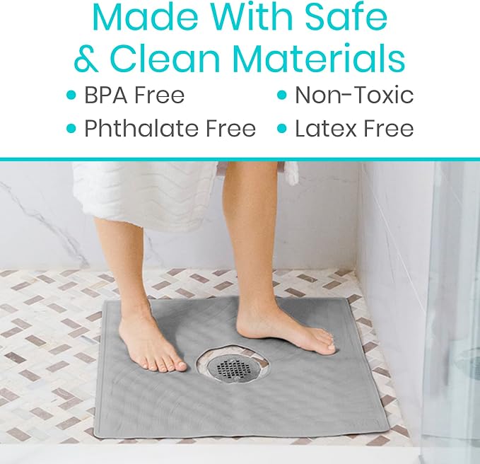 Vive Shower Mat - 22" by 22" Square Non Slip Large Bath Mat for Bathtub - Patented Design - Suction Cup Traction Skid Pad for Stalls Floors Tub - Textured Rubber with Drain Hole