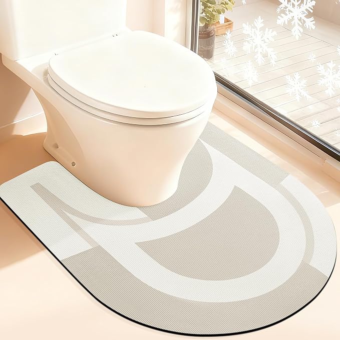 ACCUMTEK Non Slip Bath Mat, Thin Bathroom Rugs Fit Under Door, Quick Dry Bath Mats, Machine Washable Bath Rugs for Bathroom, Bathtub & Kitchen, Light Beige/Bordered/U-Shaped 24"x20"