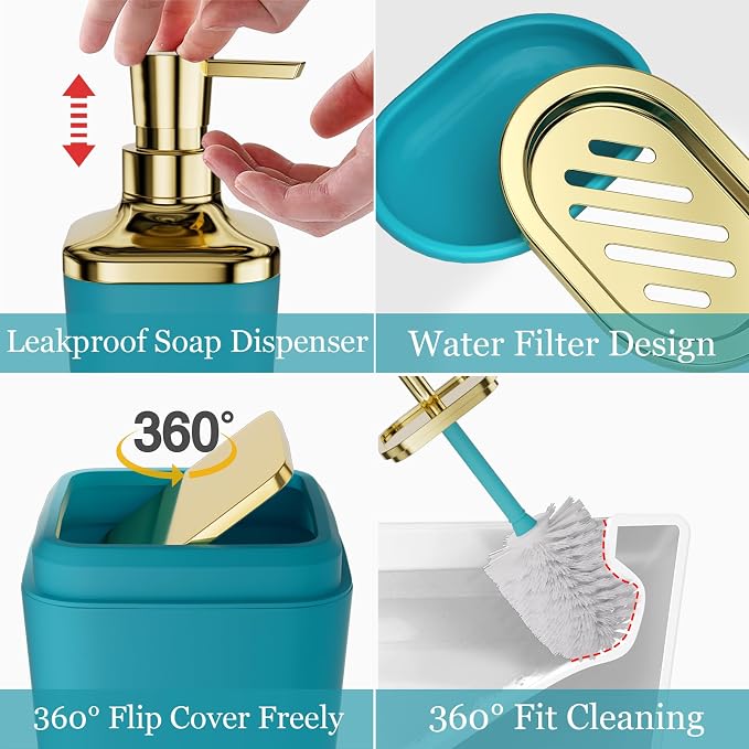 XLHOMO Bathroom Set - Teal Blue Bathroom Accessories Set, Bathroom Sets with Shower Curtain and Rugs, Teal Blue Shower Curtain Set with Bathroom Trash Can, Soap Dispenser, Soap Dish for Home Decor