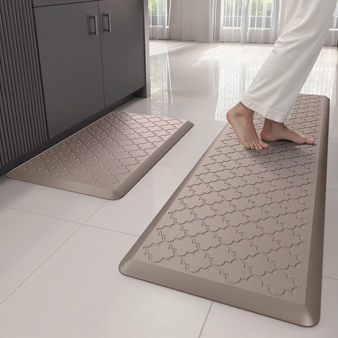 Kitchen Mats for Floor 2 Piece - Anti Fatigue Mats for Kitchen Floor - Non Slip Cushioned Rugs for Standing, Office,Sink, Laundry, Khaki