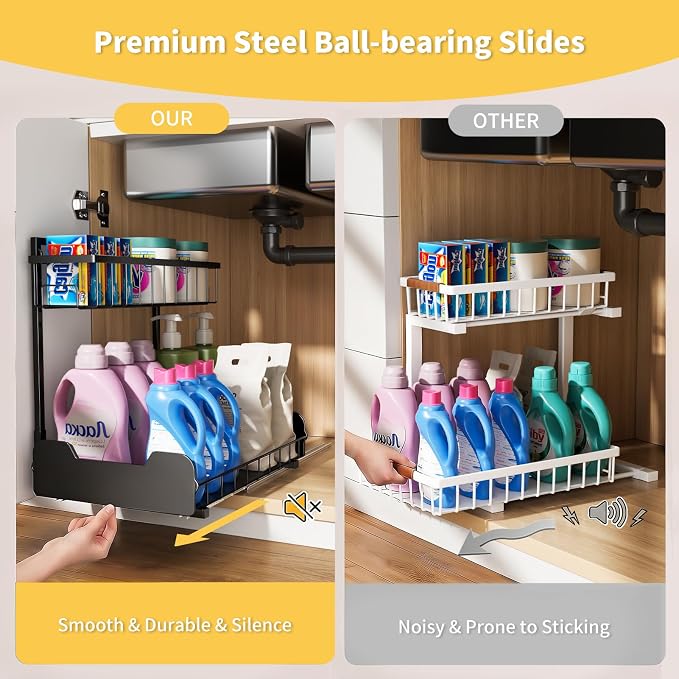 PureBox Under Sink Organizer, 2-Tier L-Shaped Pull Out Cabinet Shelf with 2 Installation Methods, Adjustable Sliding Storage Drawer for Kitchen, Bathroom, Laundry, Metal, Black, 2-Pack