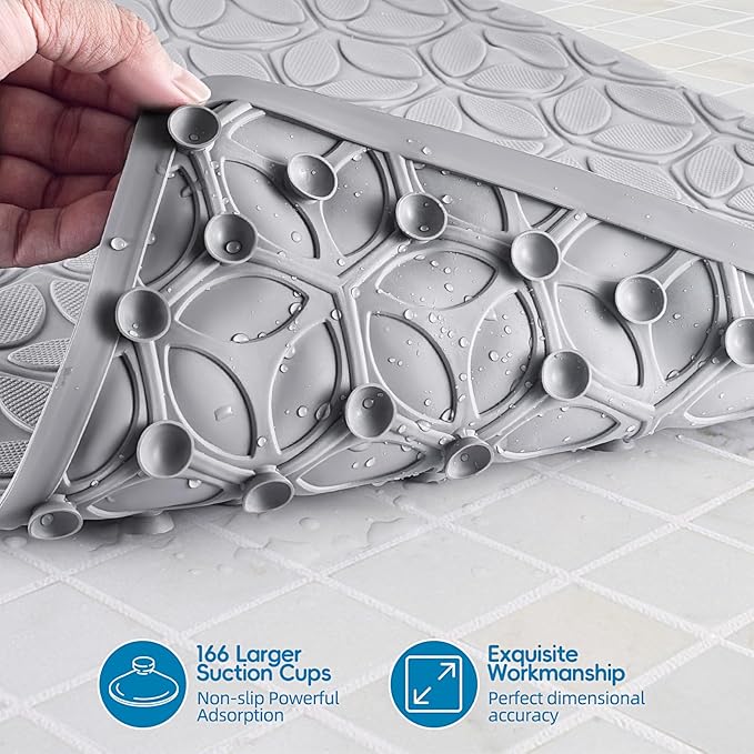 Bathtub Mat Non Slip with Suction Cups - 100% Rubber Bathroom Mat Textured for Bath Tub Shower Safety - Soft on Touch - BPA/PVC Free - Pet Dog Bath Mat - Machine Washable - 17 × 35 Inch（Gray）